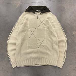 Indian Blue Vintage 100% Wool Half-Zip Knit Sweater Ivory Cream